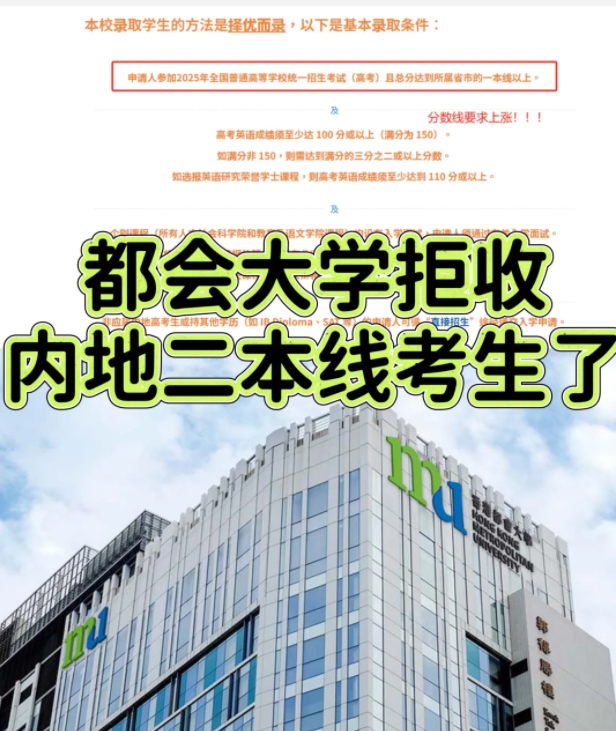 香港都會大學本科申請門檻提升，需一本線！